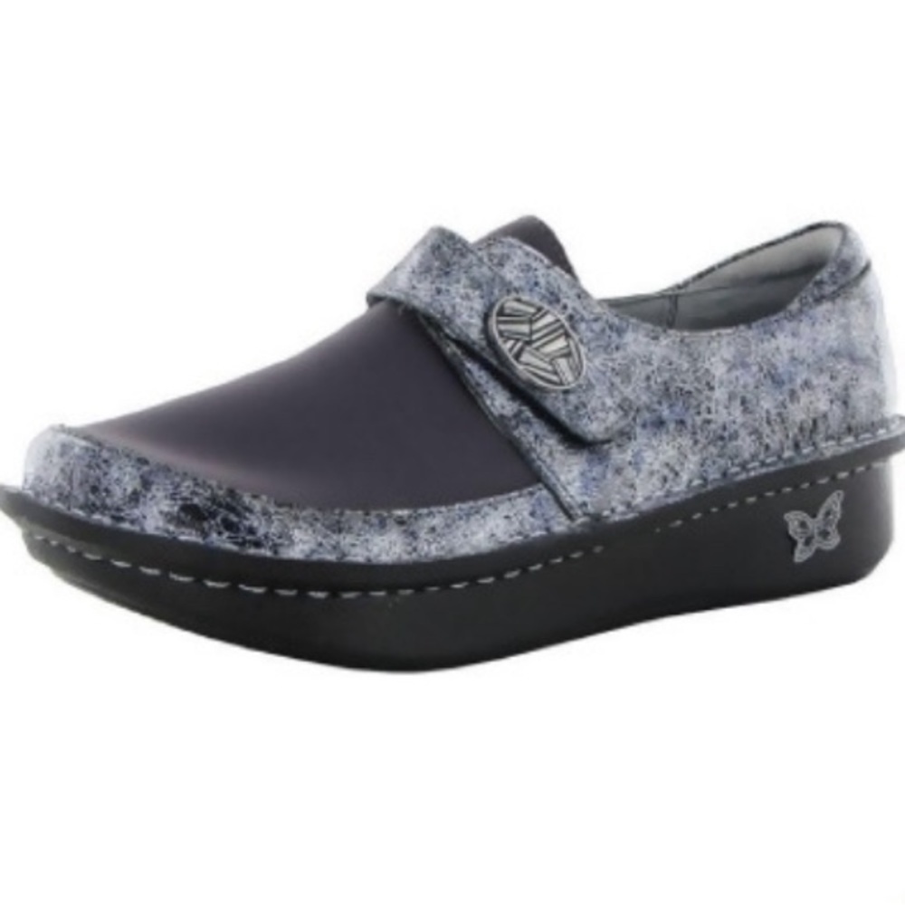 NWOT Alegria Comfort Dream Fit Neoprene Metallic Blue Gray Den-735 Slip On Clogs